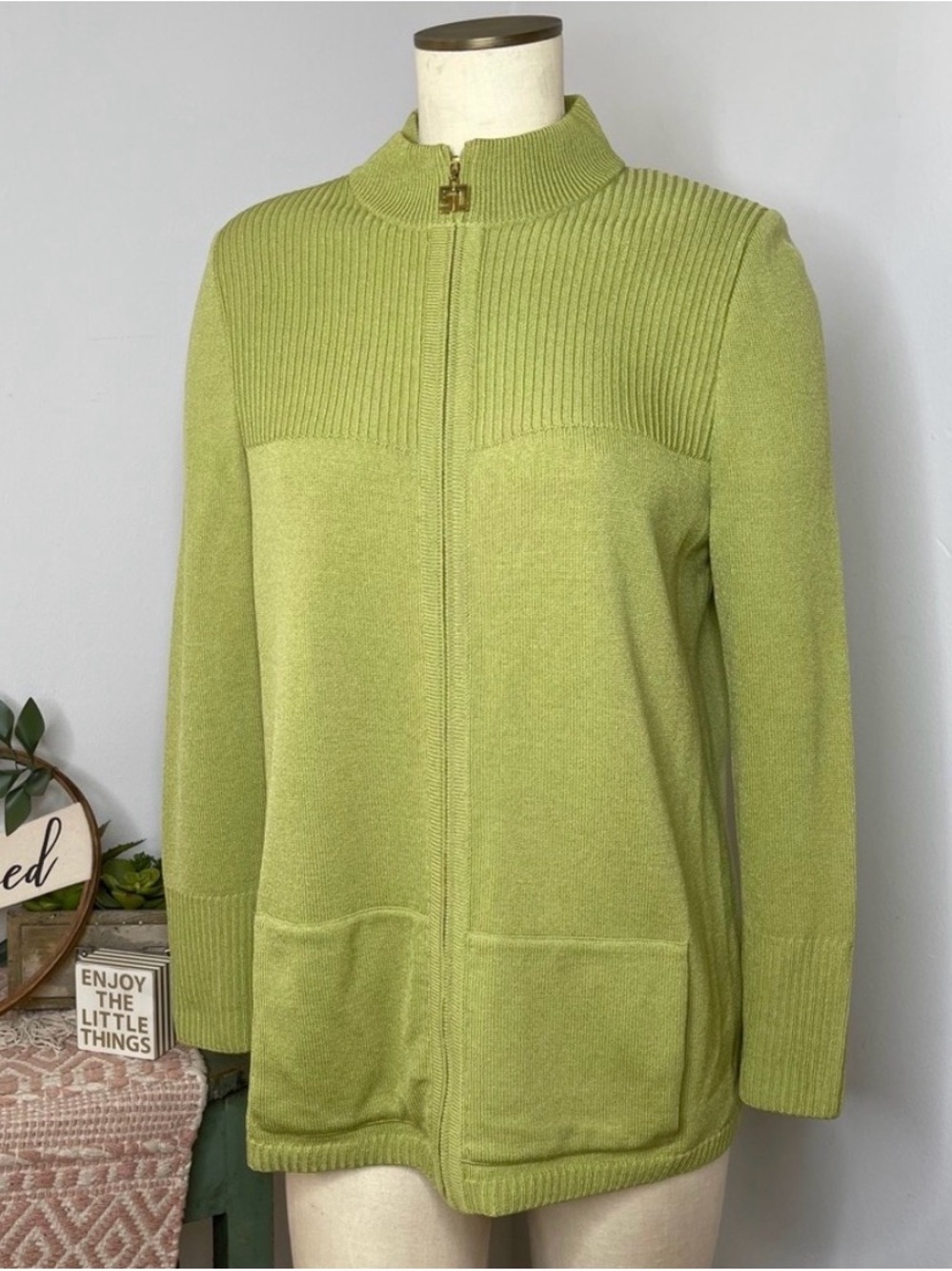 St. John Lime Green Zip-Front Knit Cardigan